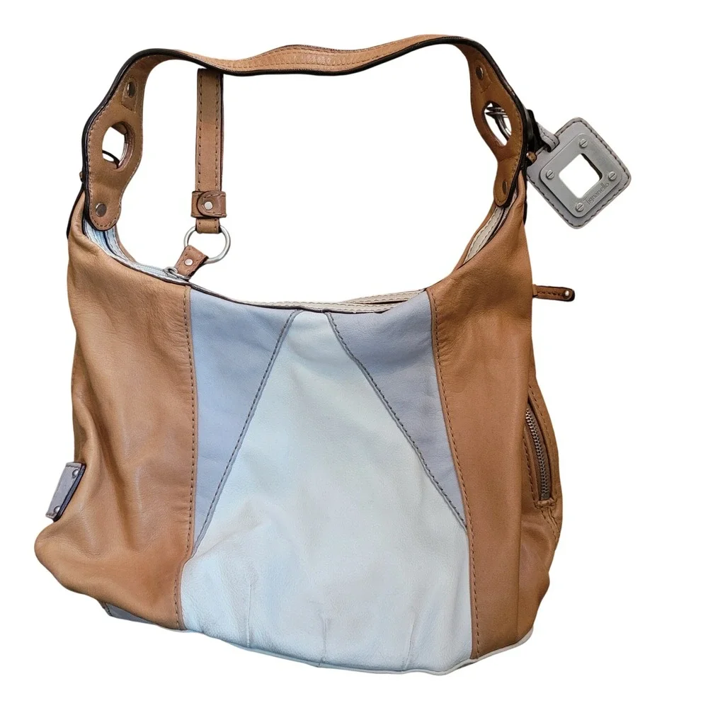 Tignanello‎ Leather Colorblock Hobo Shoulder Bag Purse Y2K Tan Cream Striped Vtg